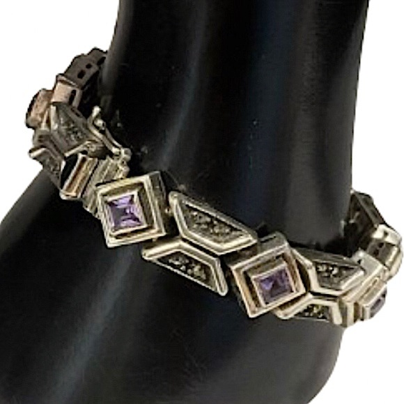 JUDTIH JACK Art Deco Faceted Amethyst Marcasite Sterling Silver Bracelet VINTAGE - Picture 8 of 8